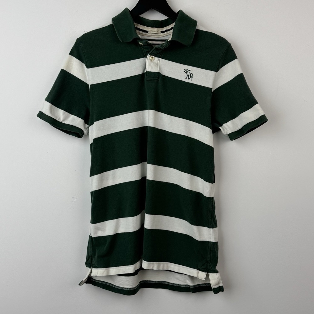 Abercrombie‎ & Fitch Polo Shirt Mens XL Green White Stripe Muscle Fit Casual Y2K